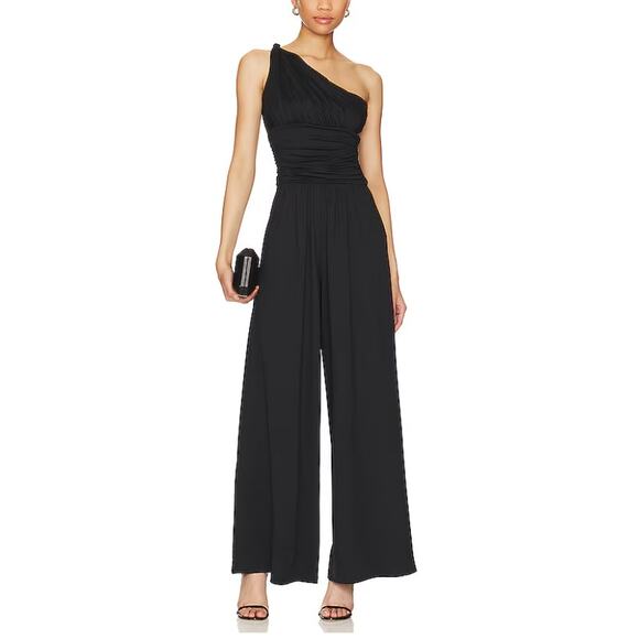 Susana Monaco Black One Shoulder Jumpsuit SMALL Flowy Wide Leg Quiet Luxury NEW - Picture 1 of 7